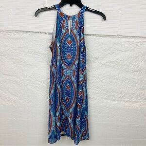 DANIEL CREMIEUX blue & brown western sleeves keyhole front halter dress size 0